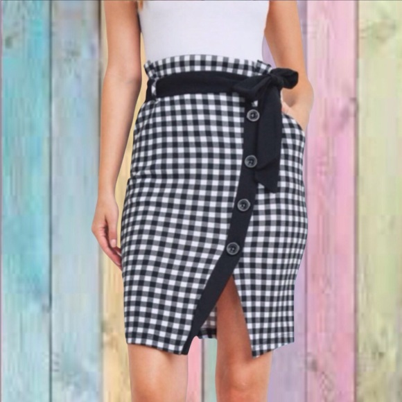Cherie Dresses & Skirts - Cherie Black White Gingham Paper Bag High Waist Tie Belt Skirt